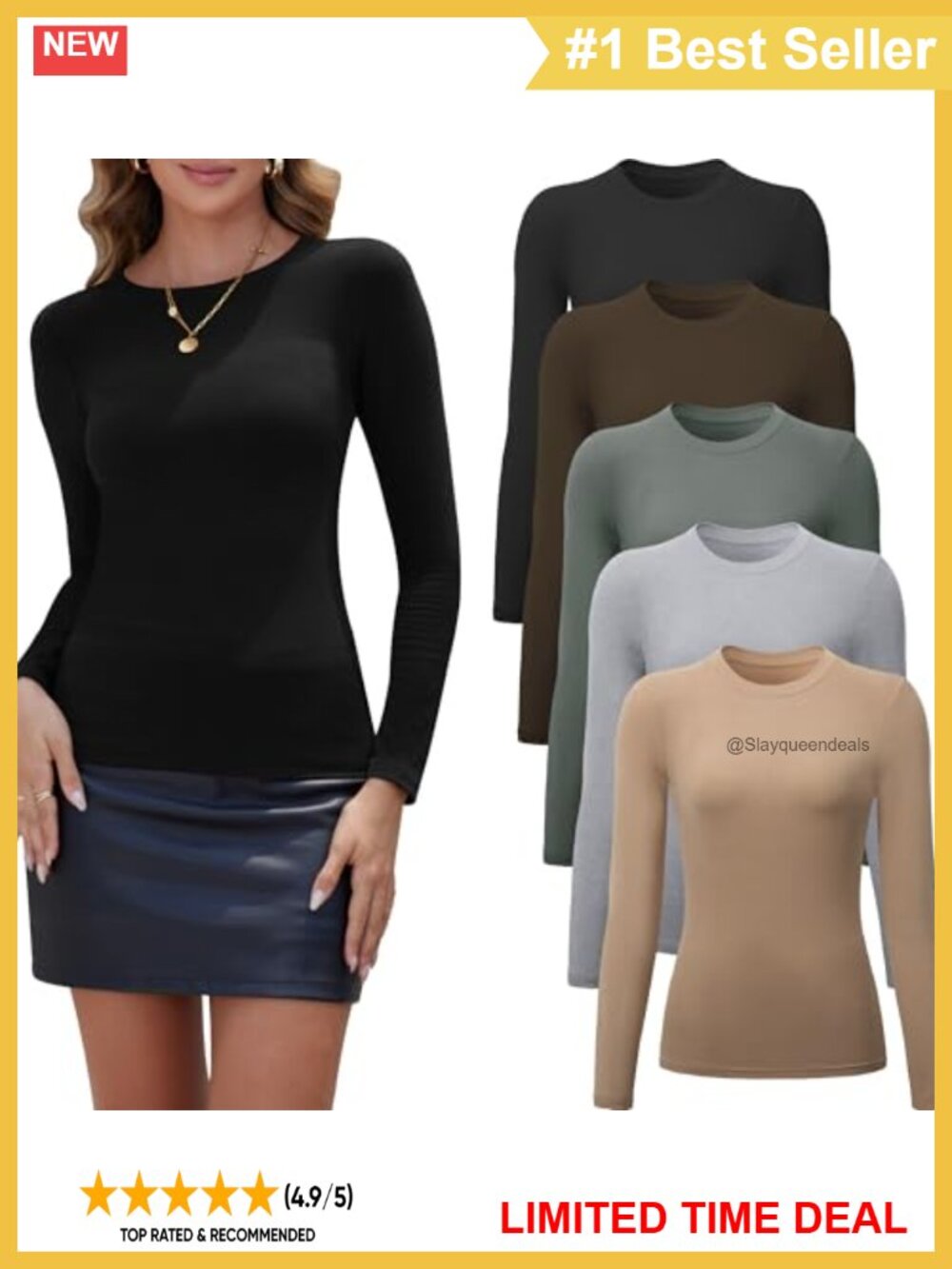 Women's Long Sleeve Crew Neck T-Shirts 5 Pack Rayon Spandex Soft Stretch